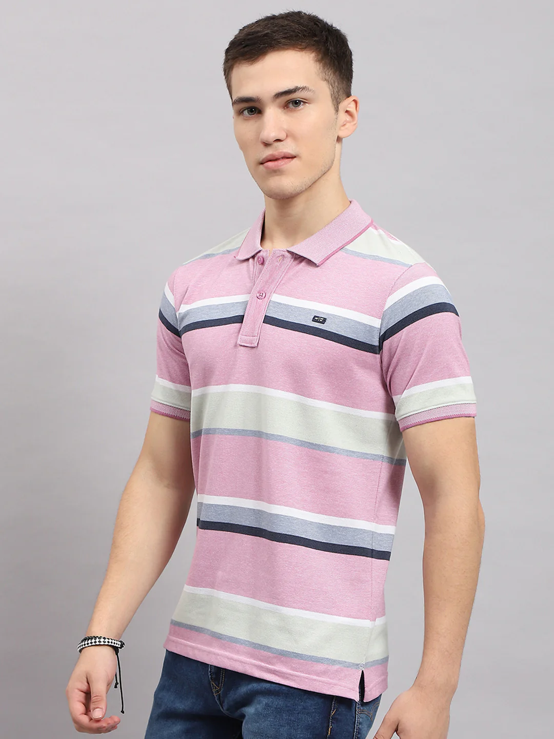 Men Pink Stripe Collar Half Sleeve T-Shirt - Image 3