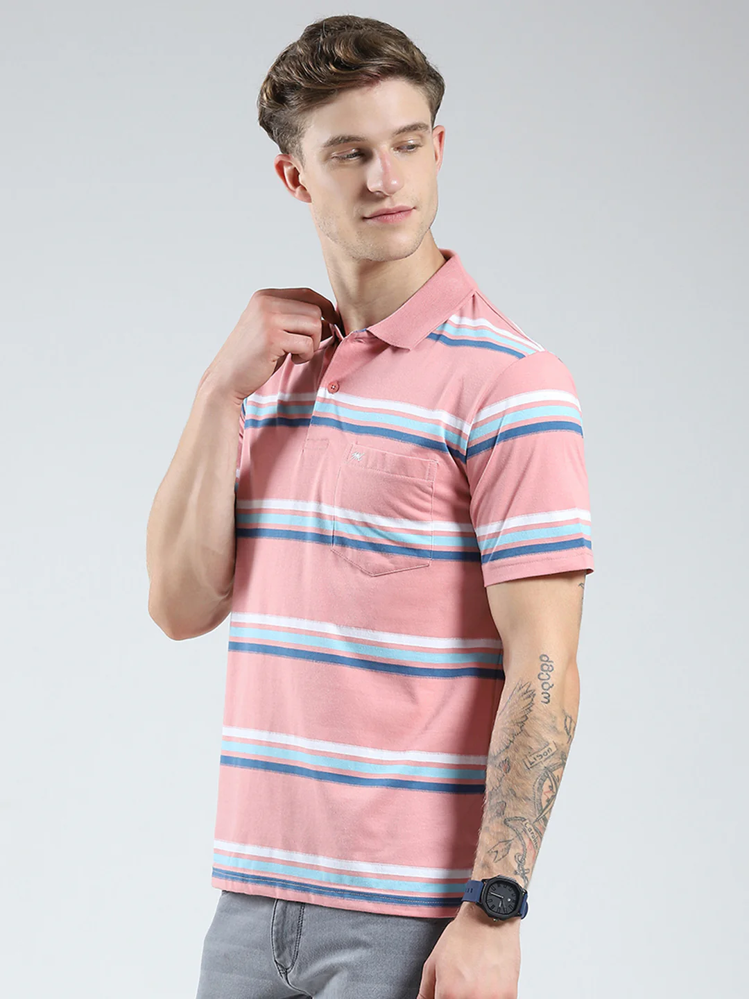 Men Pink Stripe Collar Half Sleeve T-Shirt - Image 3