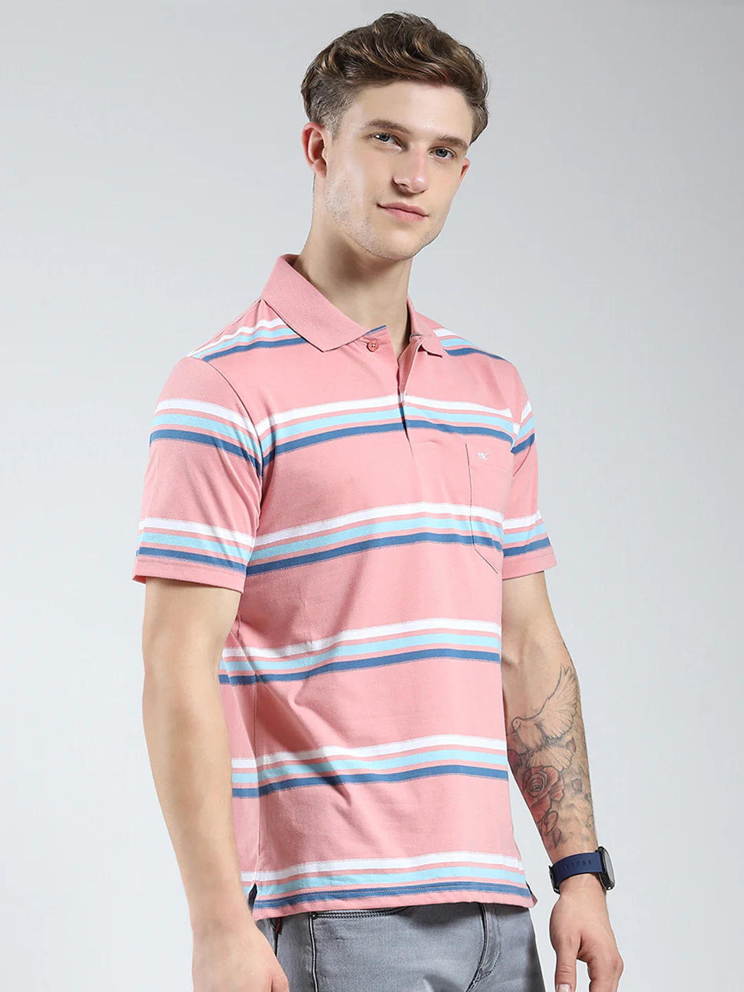 Men Pink Stripe Collar Half Sleeve T-Shirt - Image 4