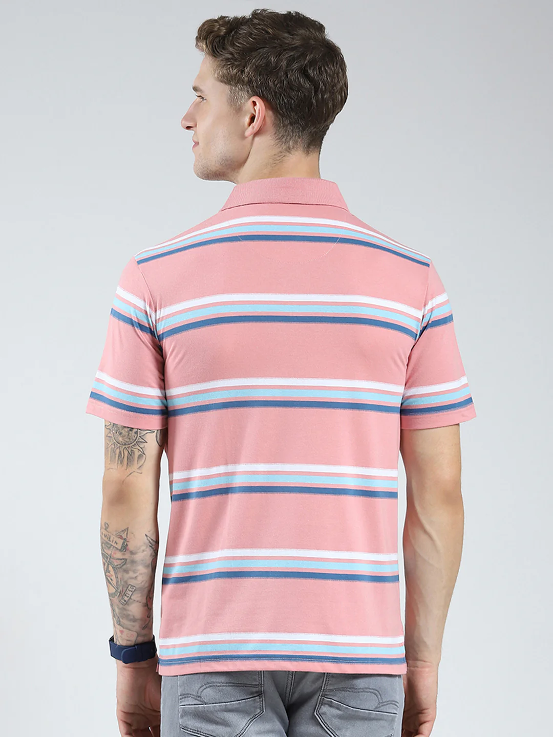 Men Pink Stripe Collar Half Sleeve T-Shirt - Image 5