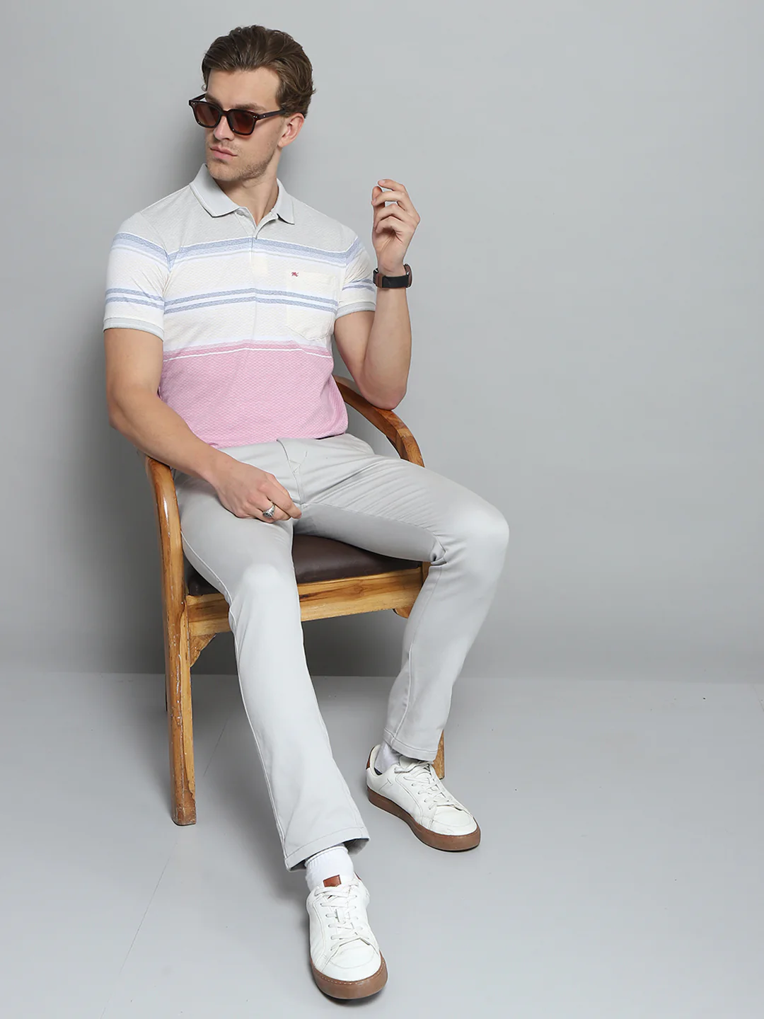 Men Pink Stripe Collar Half Sleeve T-Shirt - Image 2