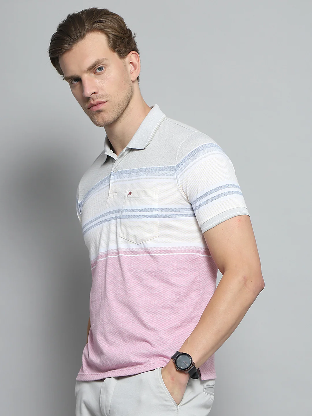 Men Pink Stripe Collar Half Sleeve T-Shirt - Image 3