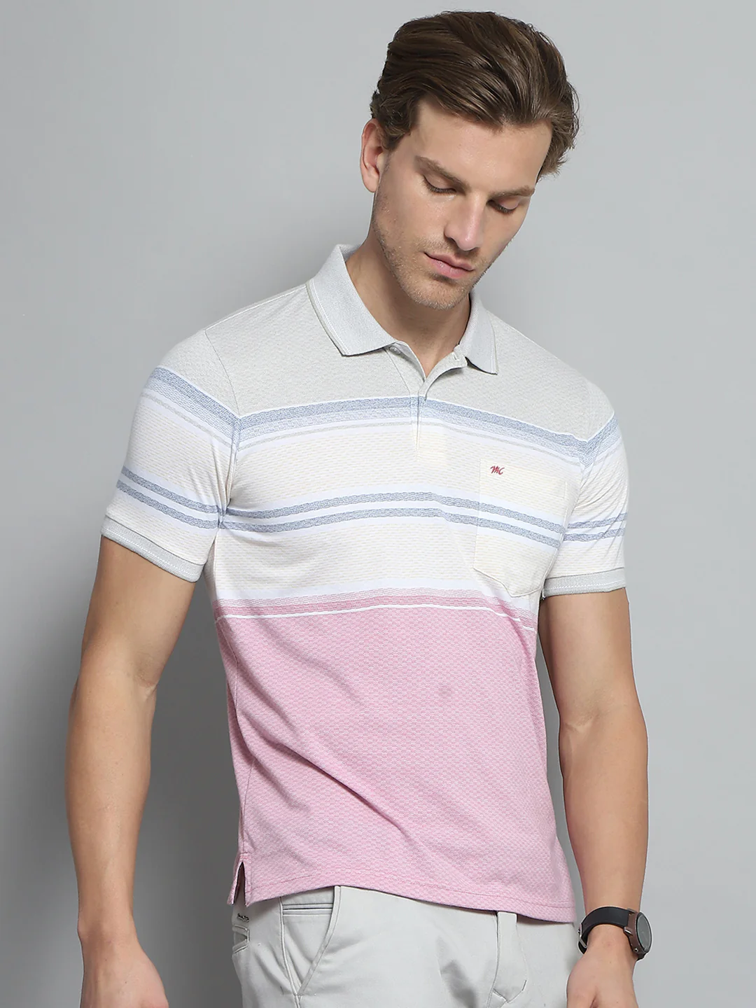 Men Pink Stripe Collar Half Sleeve T-Shirt - Image 4