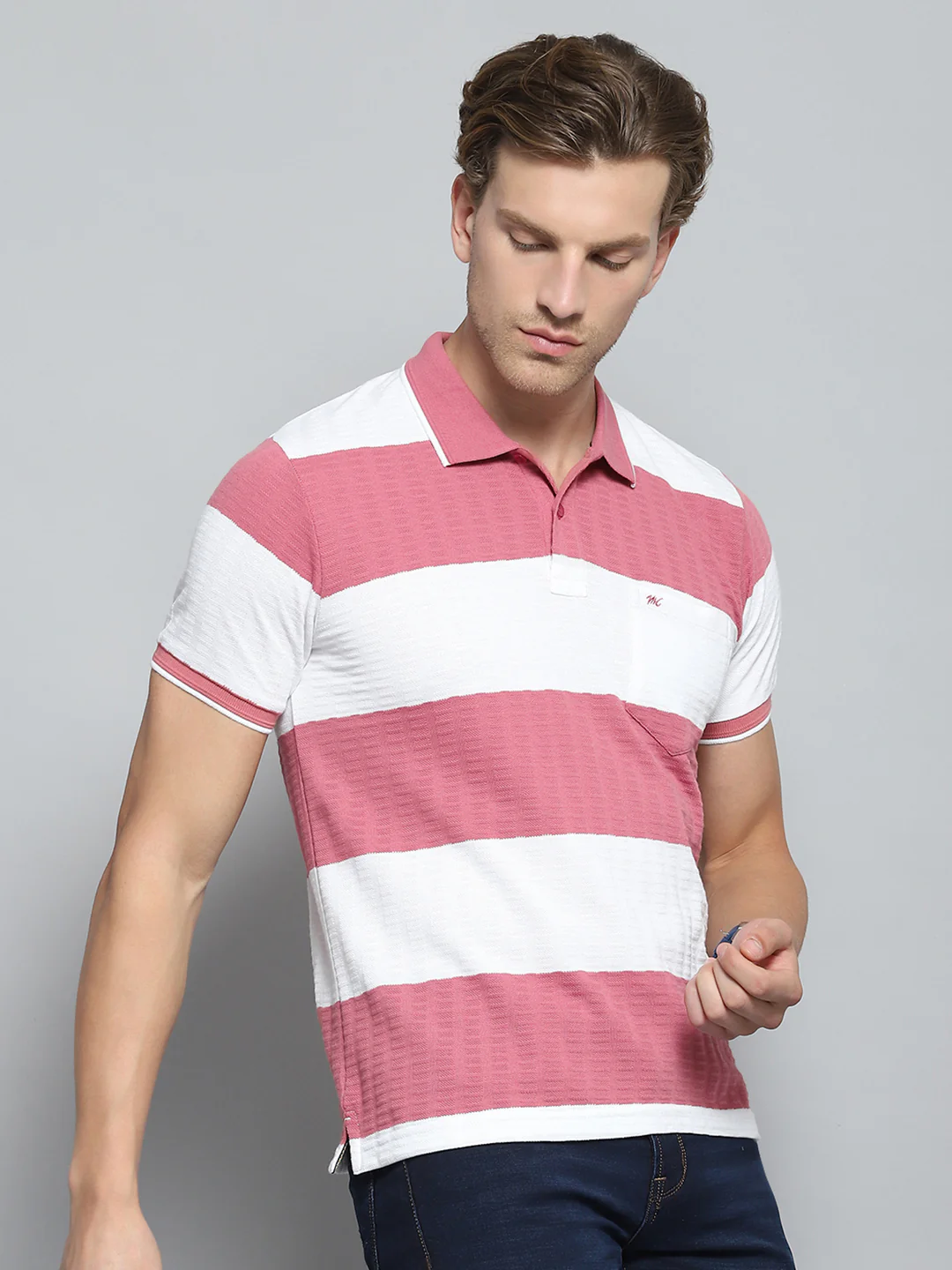 Men Pink Stripe Collar Half Sleeve T-Shirt - Image 4