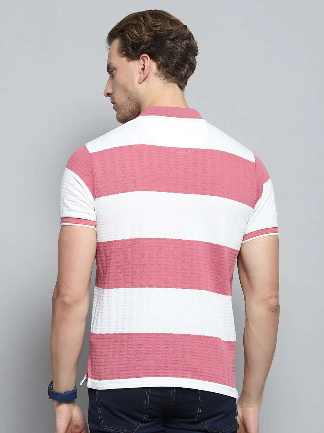 Men Pink Stripe Collar Half Sleeve T-Shirt - Image 5