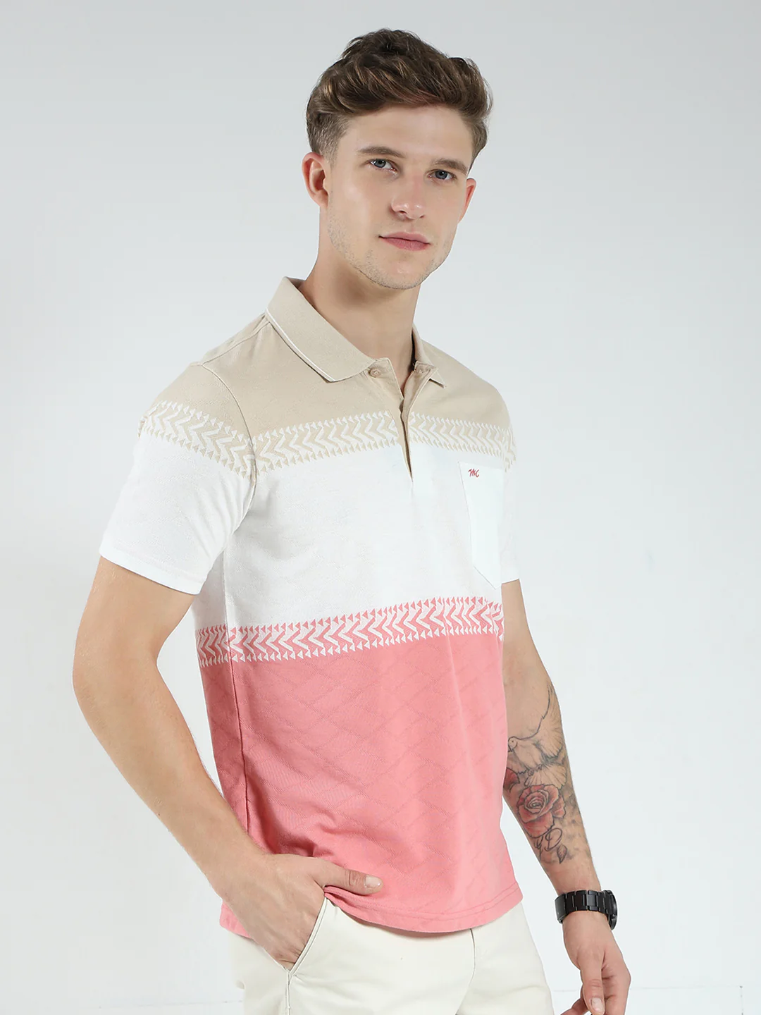 Men Pink Stripe Collar Half Sleeve T-Shirt - Image 4