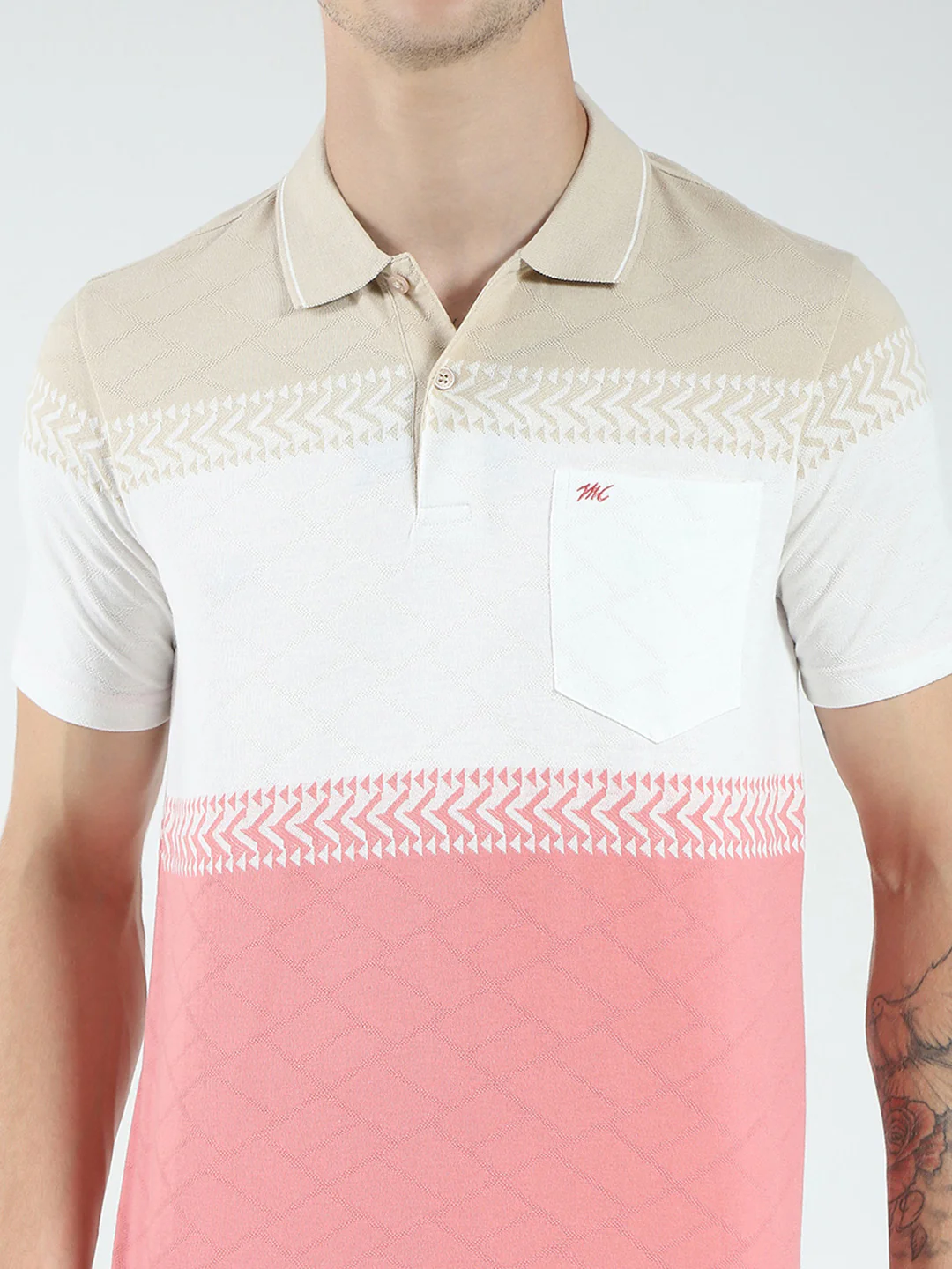 Men Pink Stripe Collar Half Sleeve T-Shirt - Image 6
