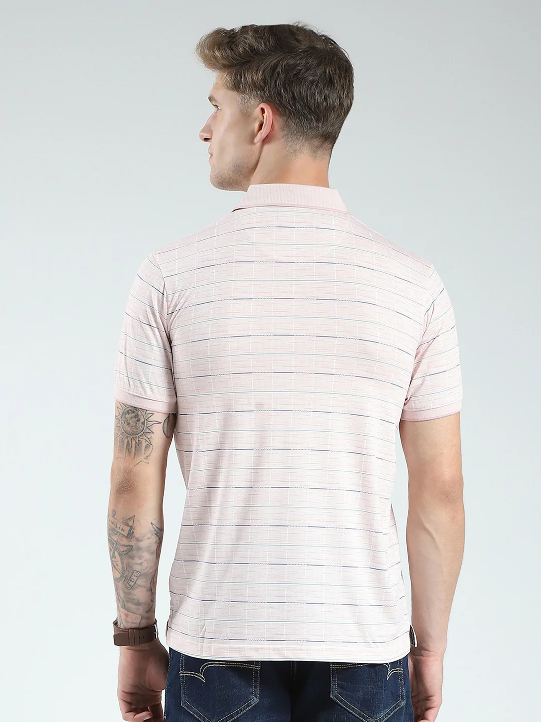 Men Pink Stripe Collar Half Sleeve T-Shirt - Image 5