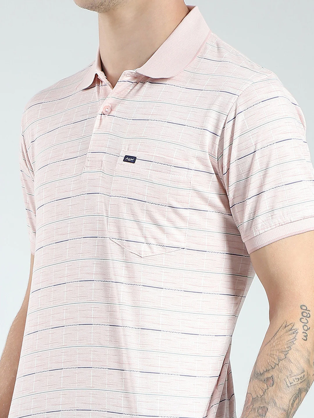 Men Pink Stripe Collar Half Sleeve T-Shirt - Image 6