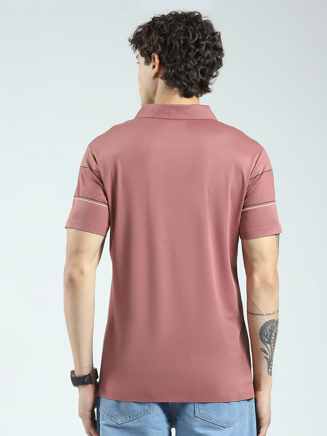 Men Pink Stripe Collar Half Sleeve T-Shirt - Image 5