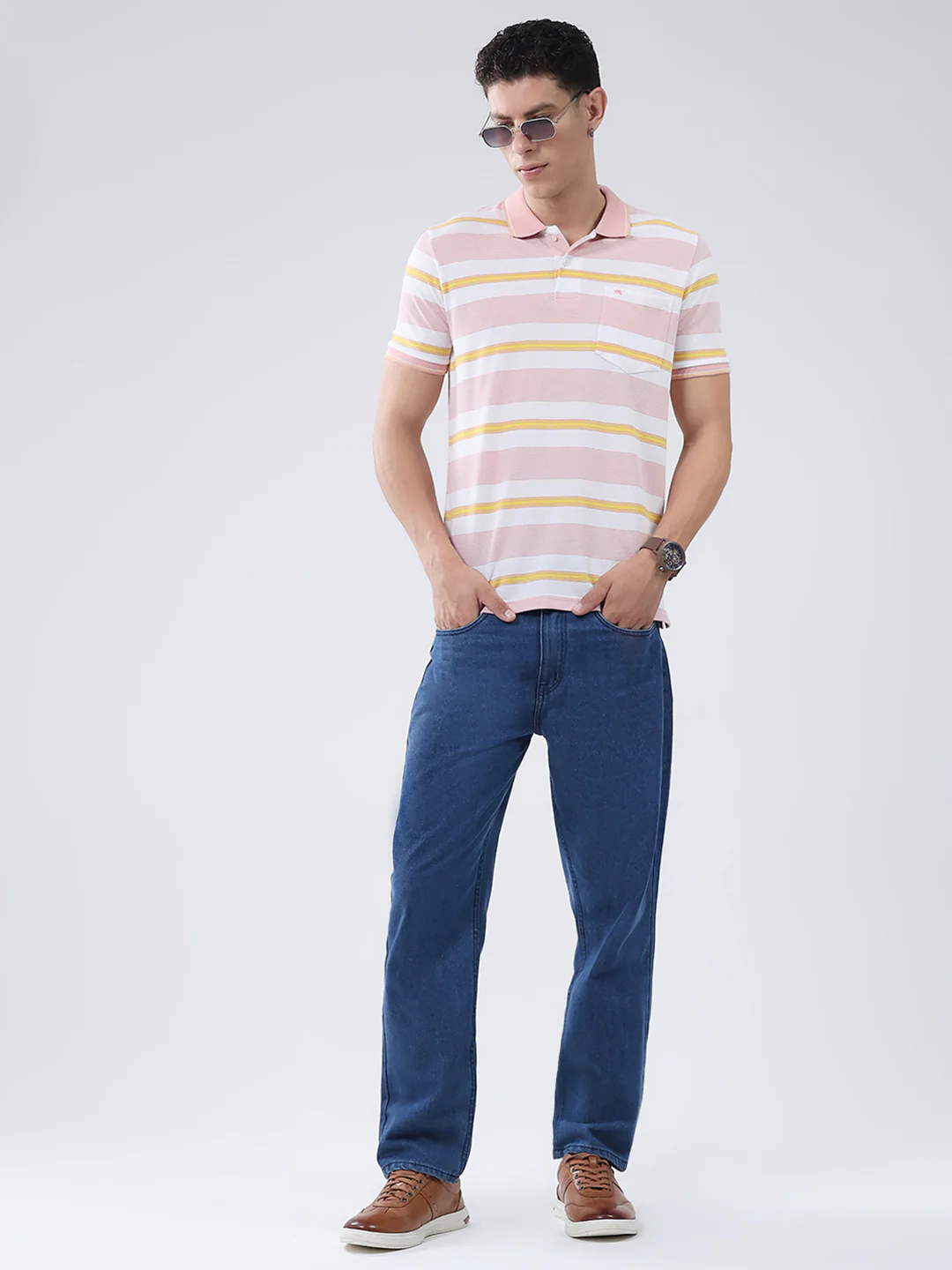 Men Pink Stripe Collar Half Sleeve T-Shirt - Image 2