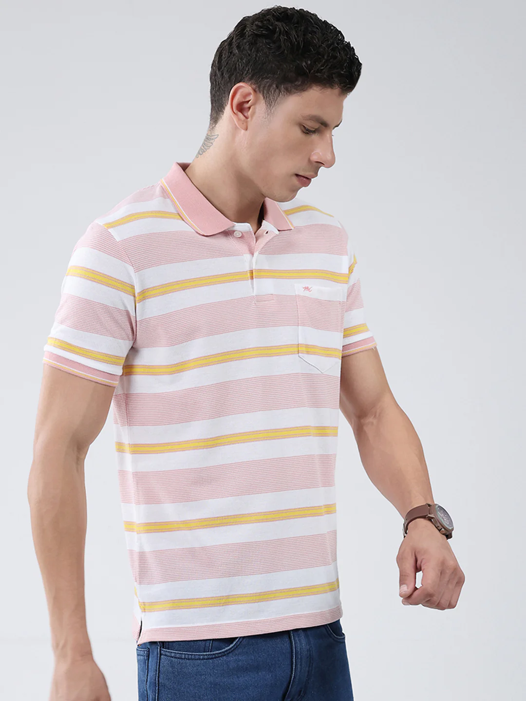 Men Pink Stripe Collar Half Sleeve T-Shirt - Image 4