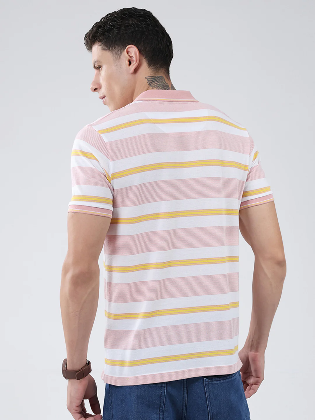 Men Pink Stripe Collar Half Sleeve T-Shirt - Image 5