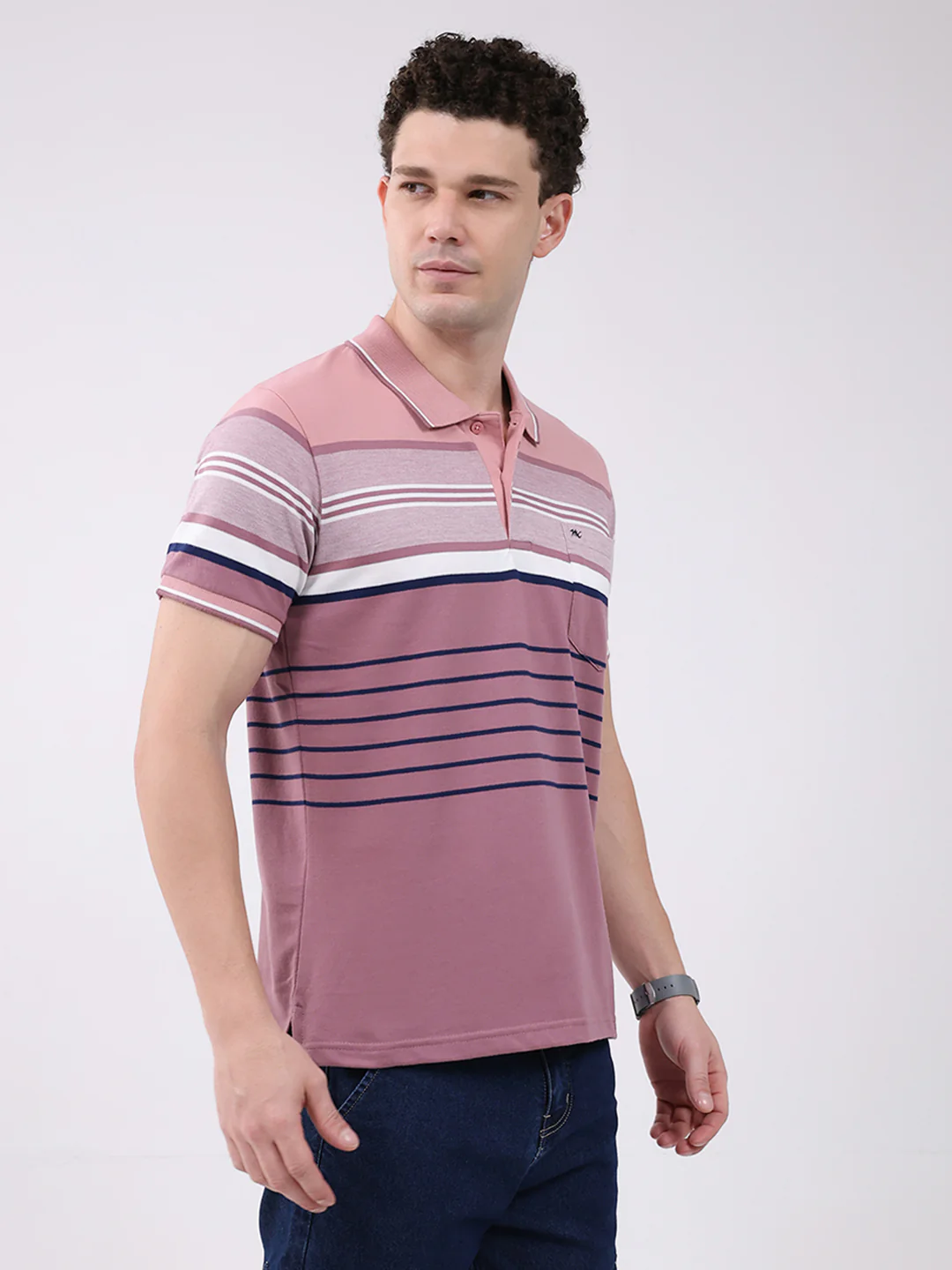 Men Pink Stripe Collar Half Sleeve T-Shirt - Image 4
