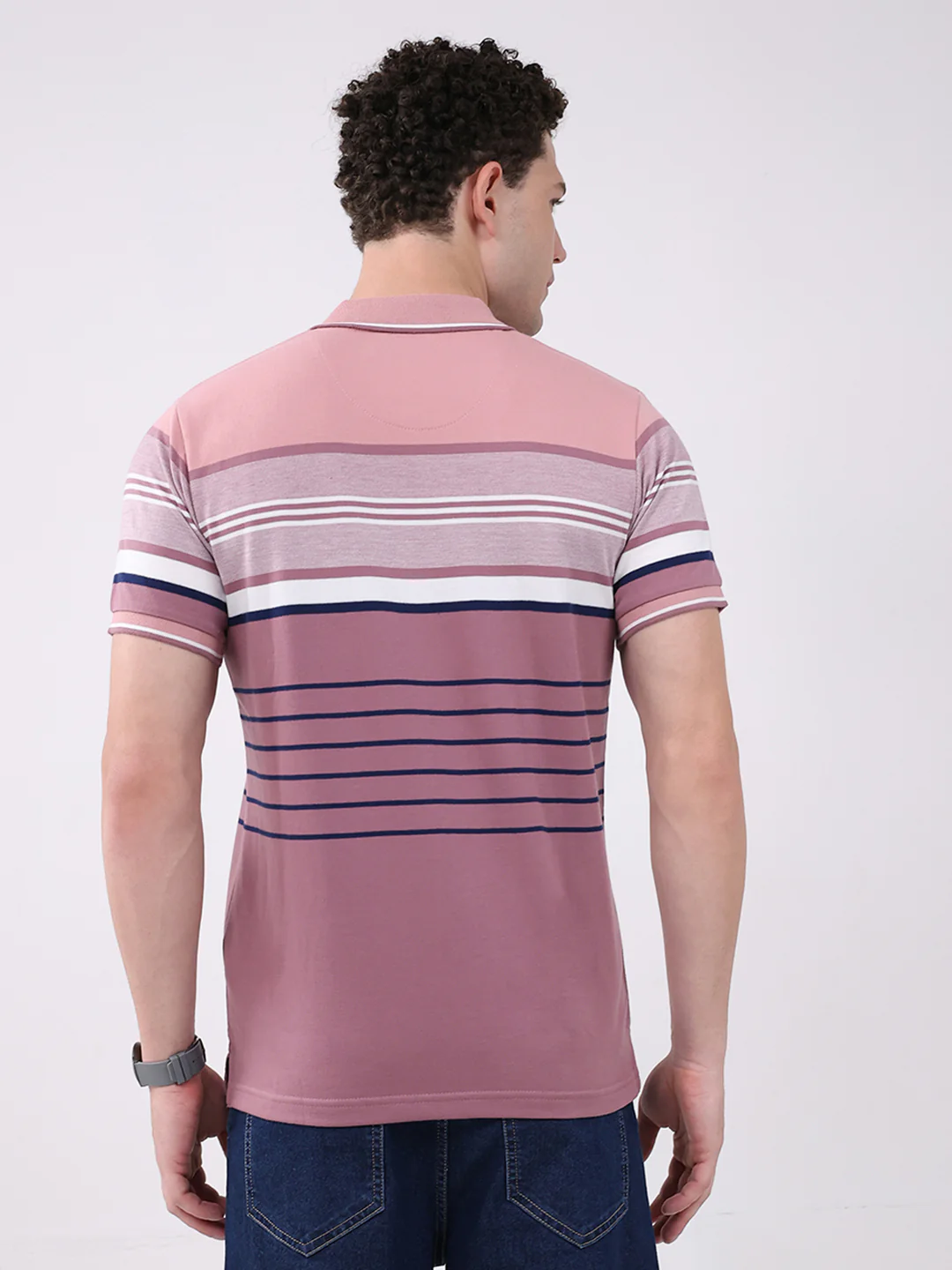Men Pink Stripe Collar Half Sleeve T-Shirt - Image 5