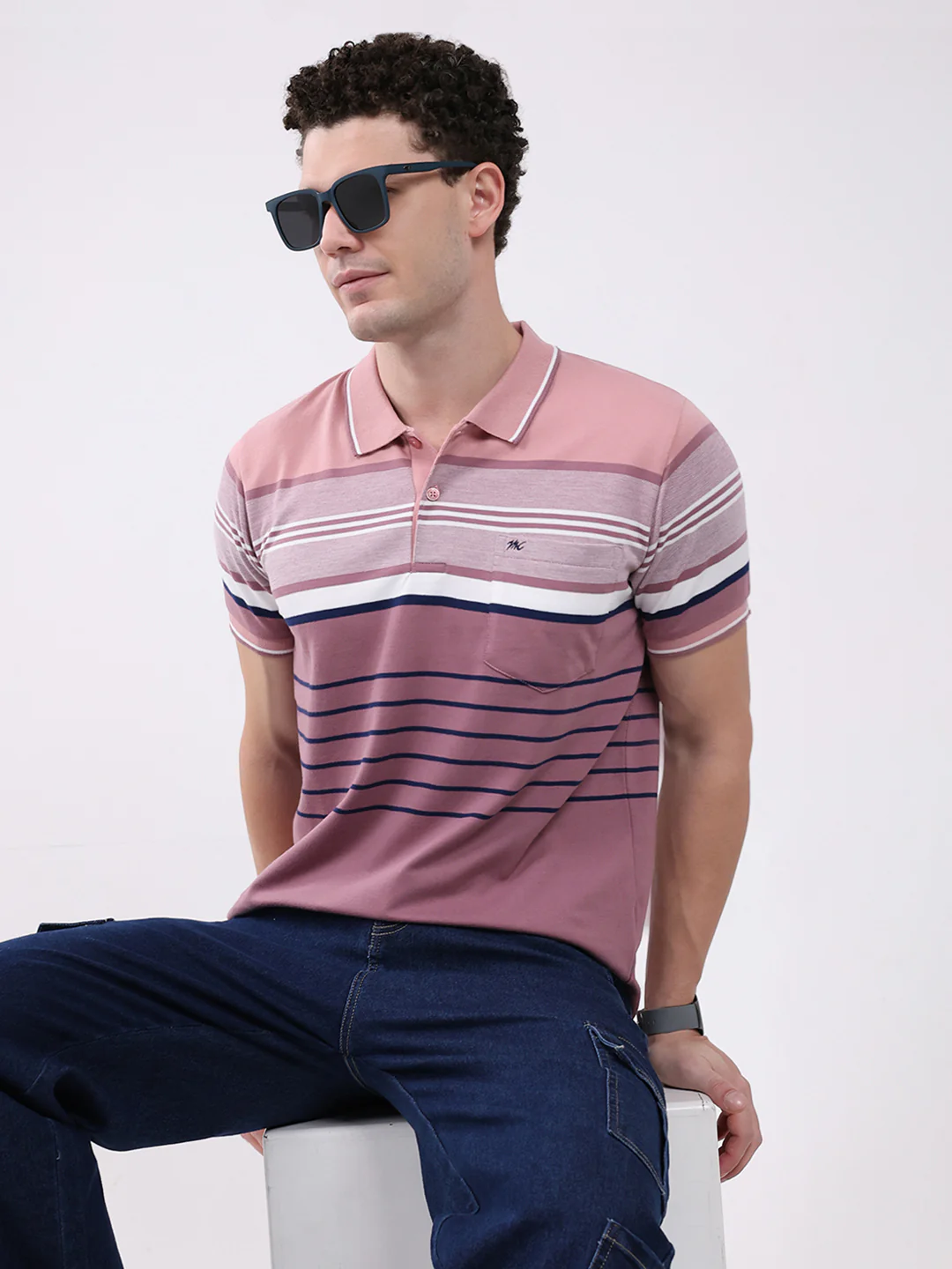 Men Pink Stripe Collar Half Sleeve T-Shirt - Image 6