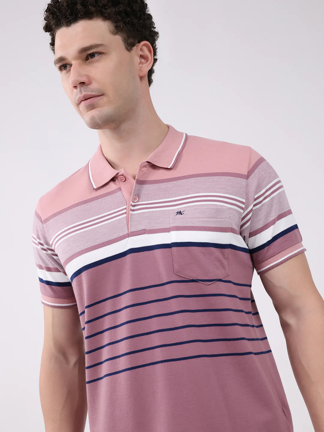 Men Pink Stripe Collar Half Sleeve T-Shirt - Image 7