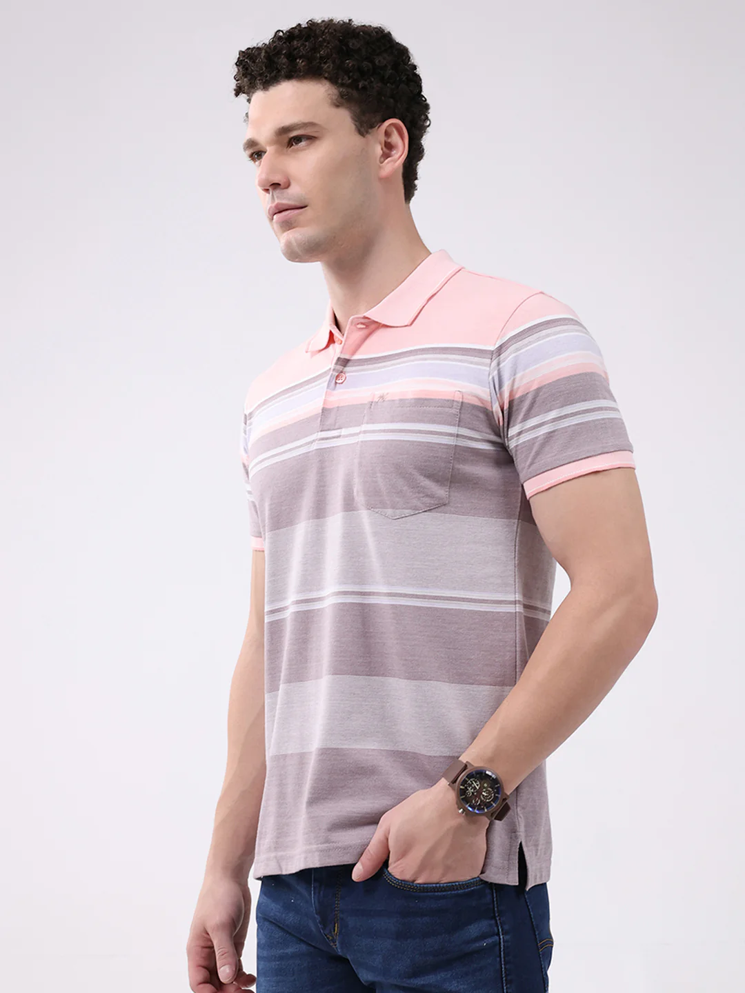 Men Pink Stripe Collar Half Sleeve T-Shirt - Image 3