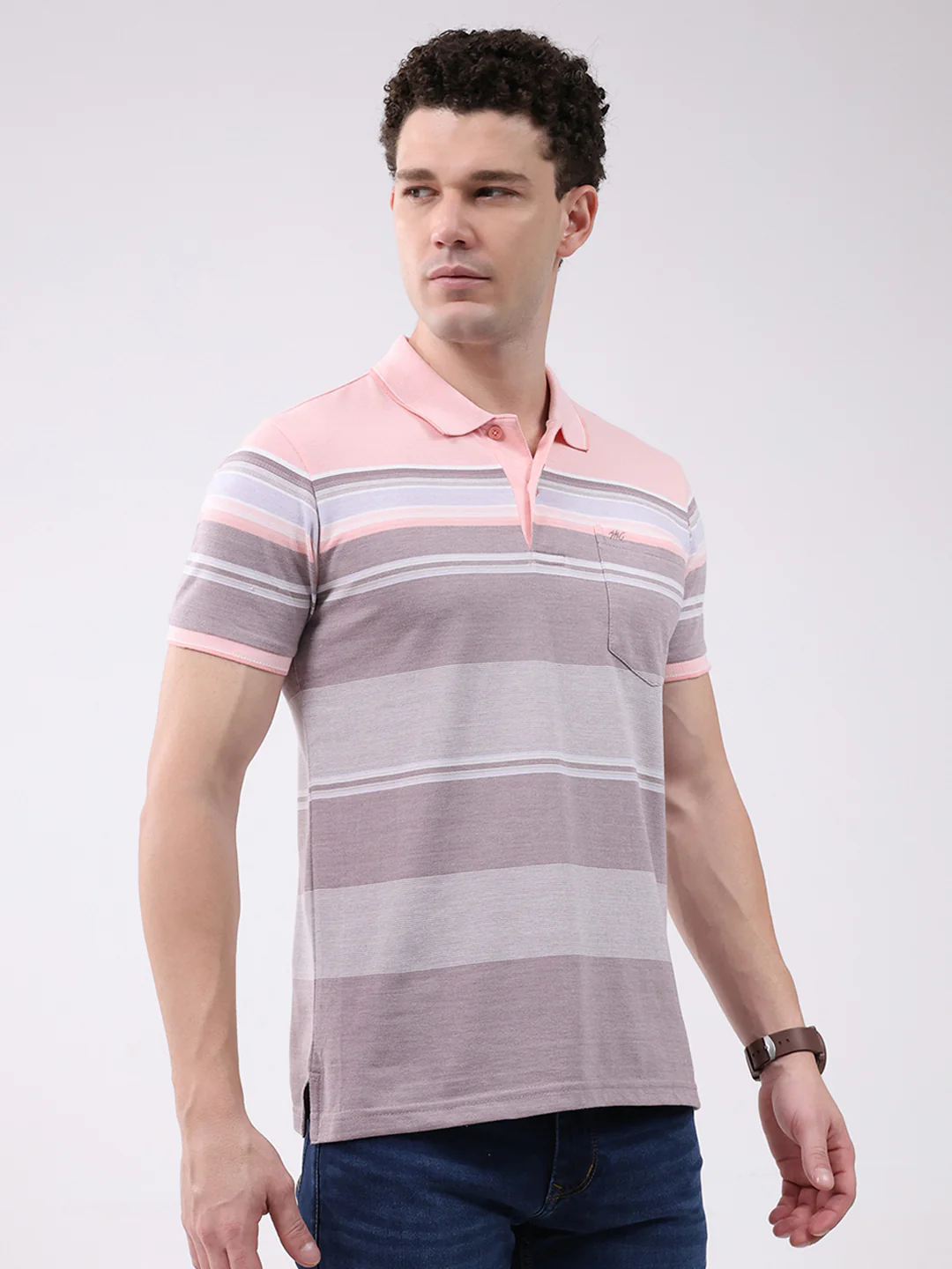 Men Pink Stripe Collar Half Sleeve T-Shirt - Image 4