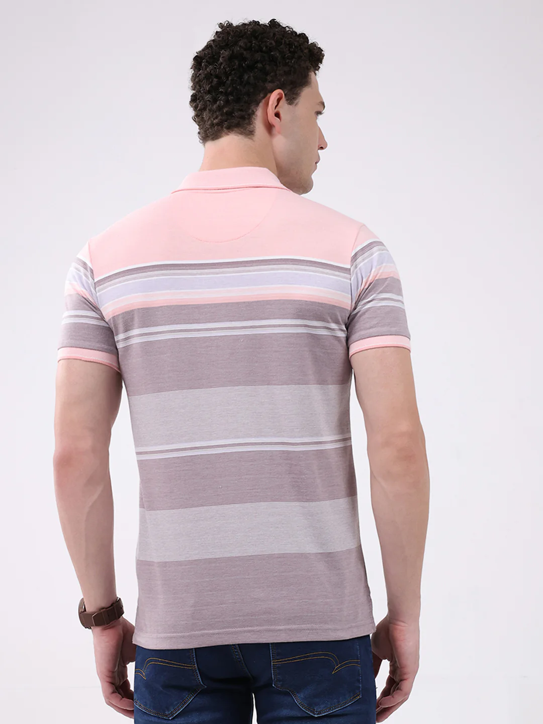 Men Pink Stripe Collar Half Sleeve T-Shirt - Image 5