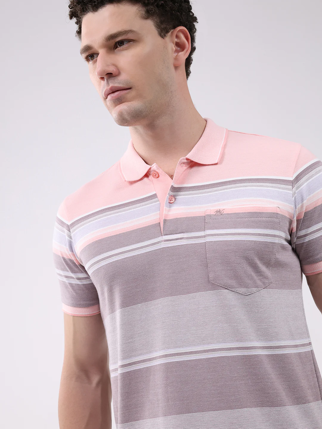 Men Pink Stripe Collar Half Sleeve T-Shirt - Image 6