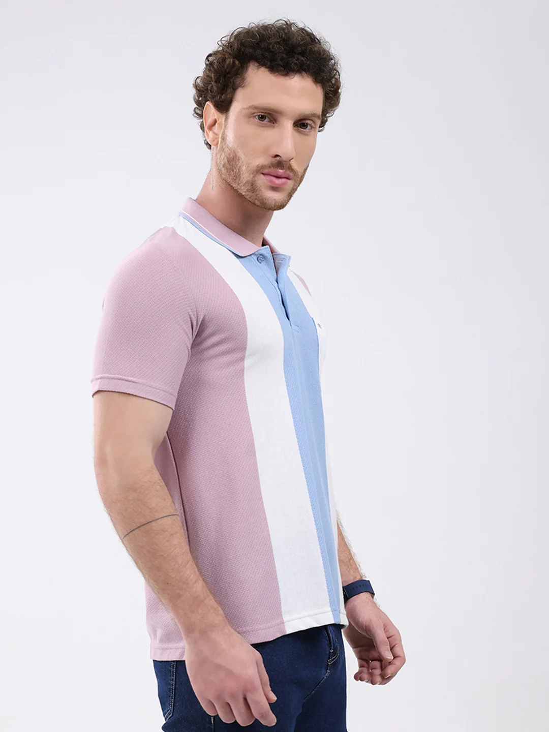 Men Pink Stripe Collar Half Sleeve T-Shirt - Image 4