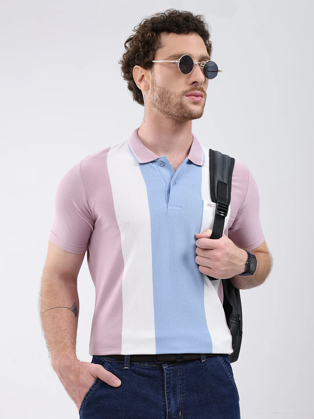 Men Pink Stripe Collar Half Sleeve T-Shirt - Image 6