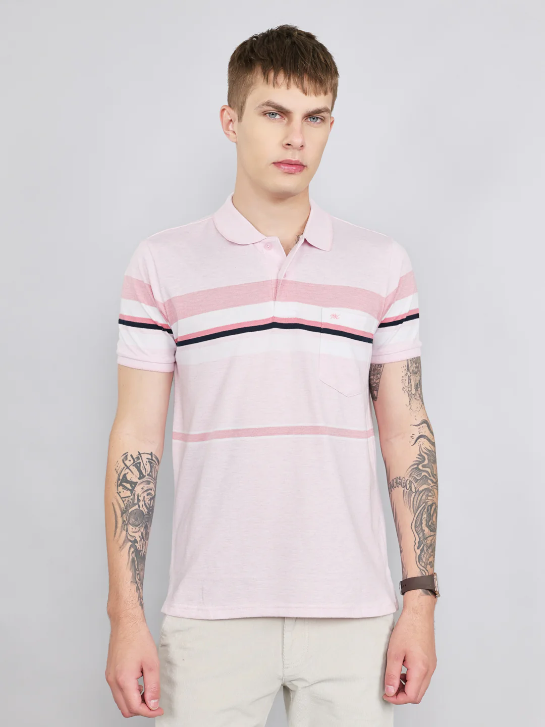 Men Pink Stripe Collar Half Sleeve T-Shirt