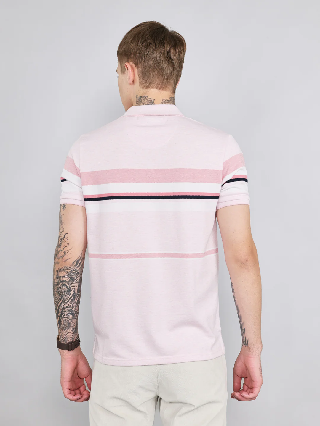Men Pink Stripe Collar Half Sleeve T-Shirt - Image 4
