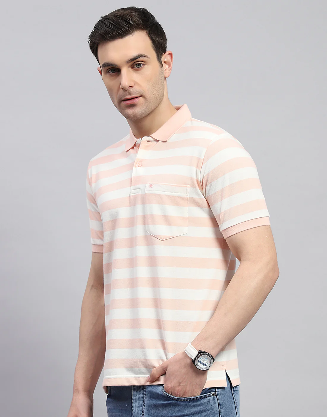 Men Pink Stripe Polo Collar Half Sleeve T-Shirt - Image 3