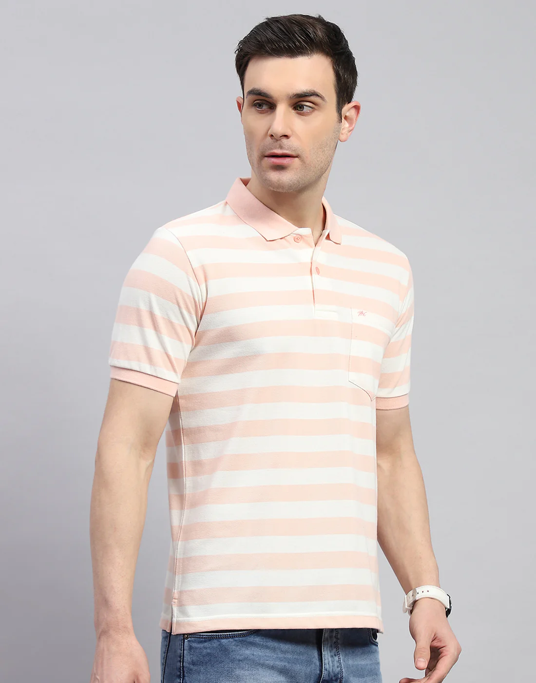 Men Pink Stripe Polo Collar Half Sleeve T-Shirt - Image 4