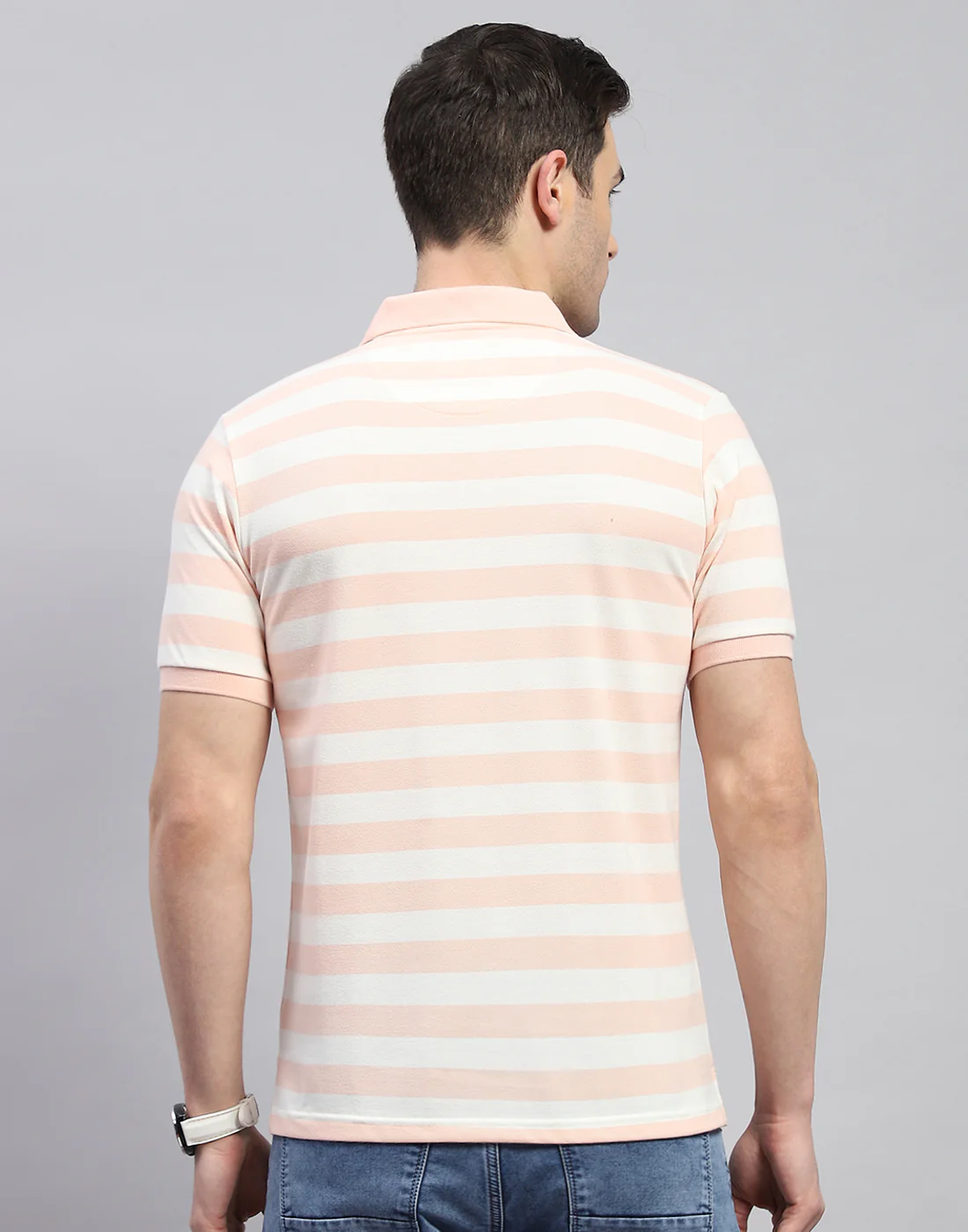 Men Pink Stripe Polo Collar Half Sleeve T-Shirt - Image 5