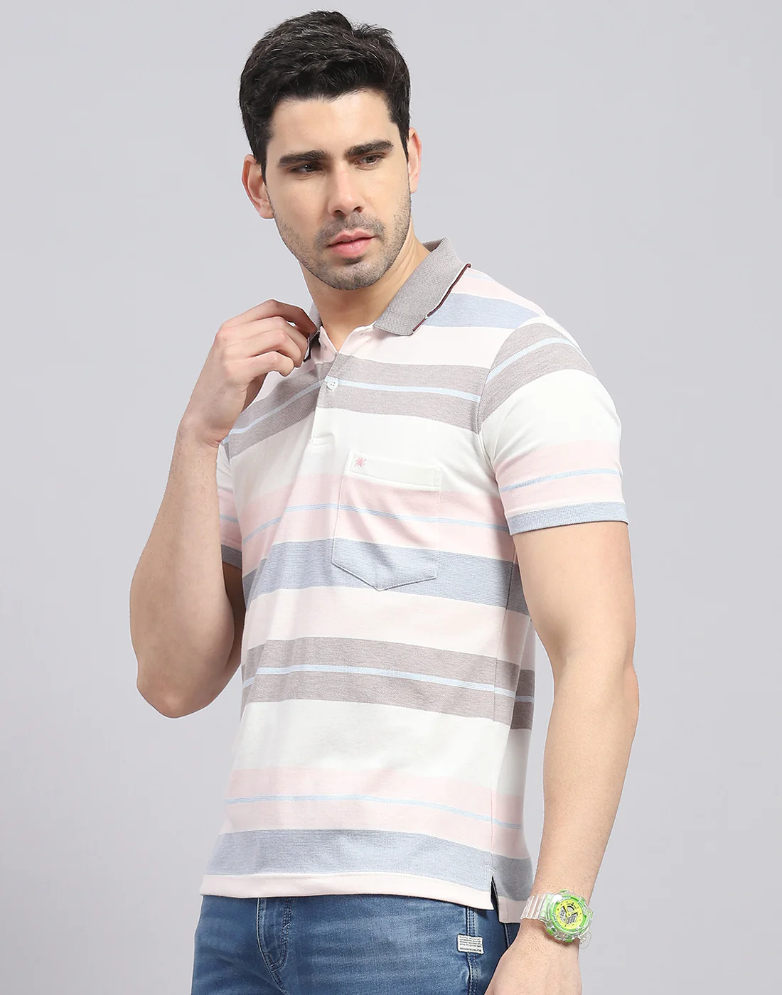 Men Pink Stripe Polo Collar Half Sleeve T-Shirt - Image 4