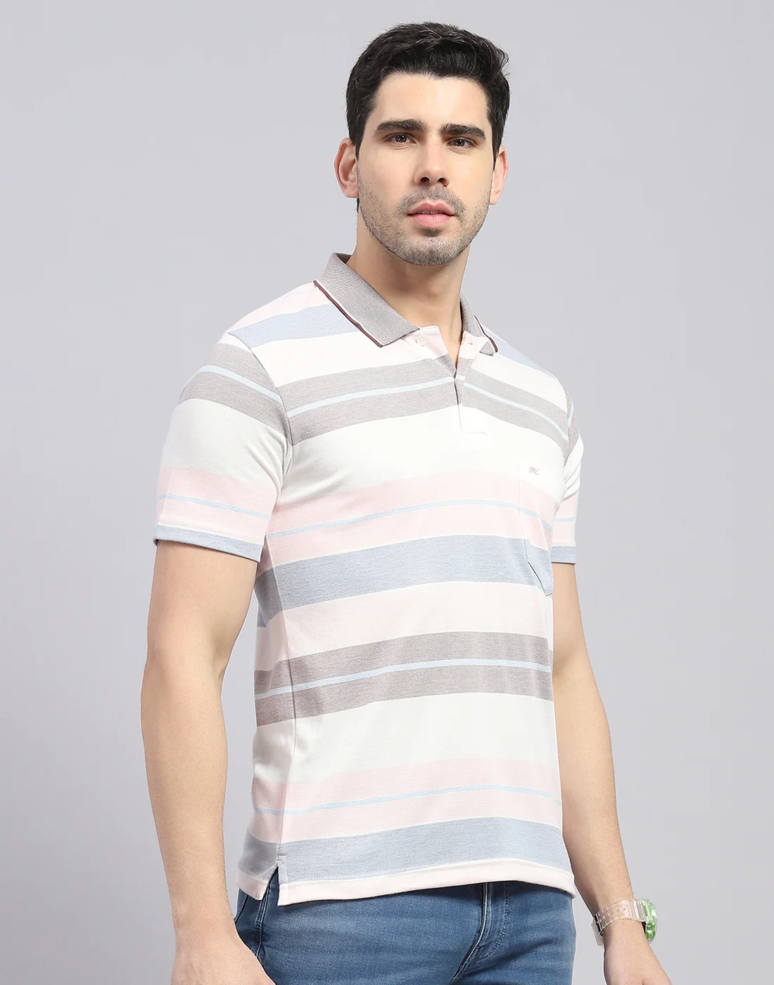 Men Pink Stripe Polo Collar Half Sleeve T-Shirt - Image 5