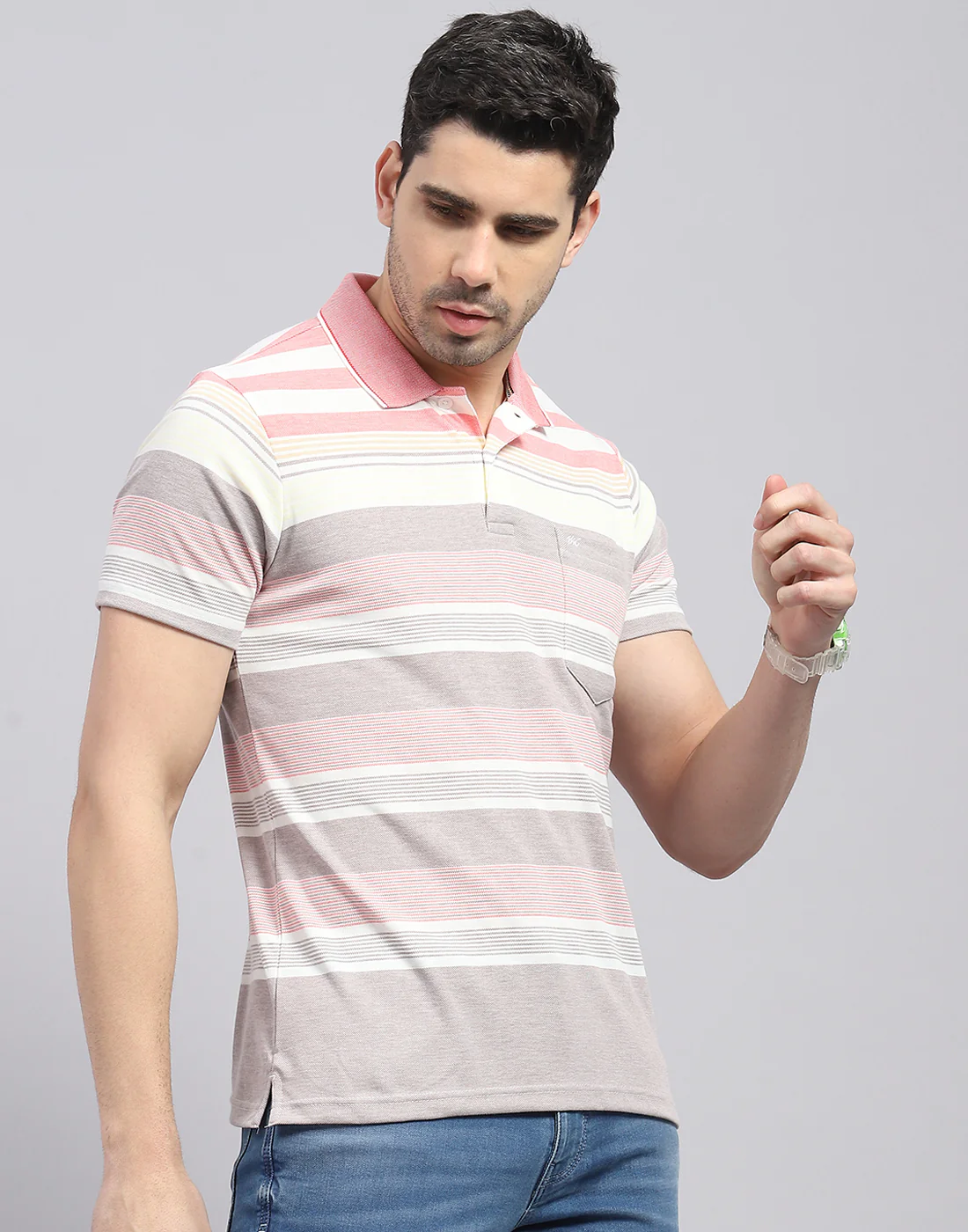 Men Pink Stripe Polo Collar Half Sleeve T-Shirt - Image 5