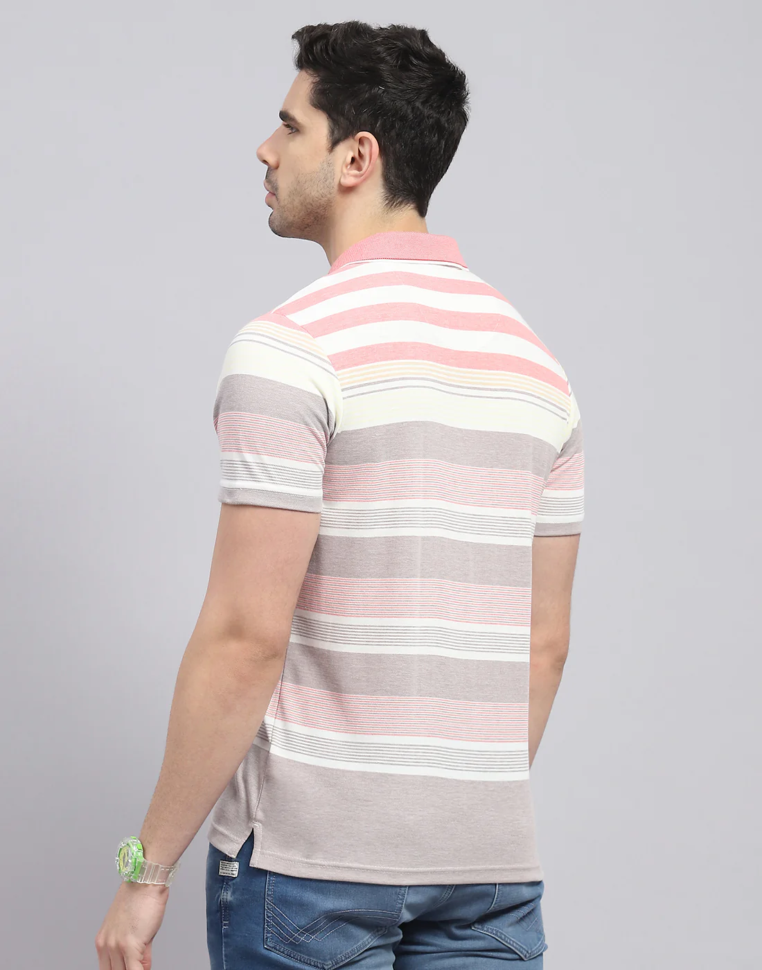 Men Pink Stripe Polo Collar Half Sleeve T-Shirt - Image 6