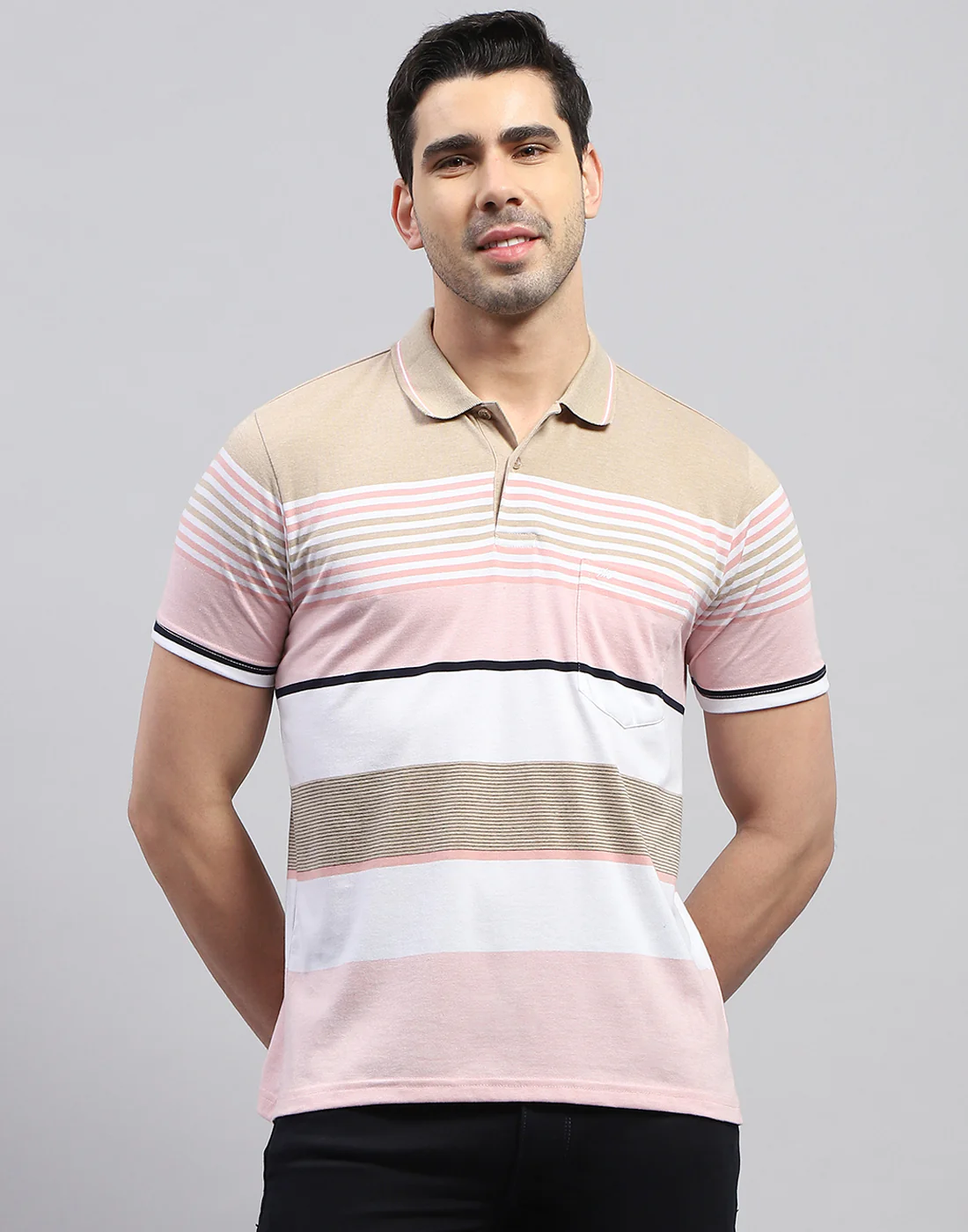 Men Pink Stripe Polo Collar Half Sleeve T-Shirt - Image 3