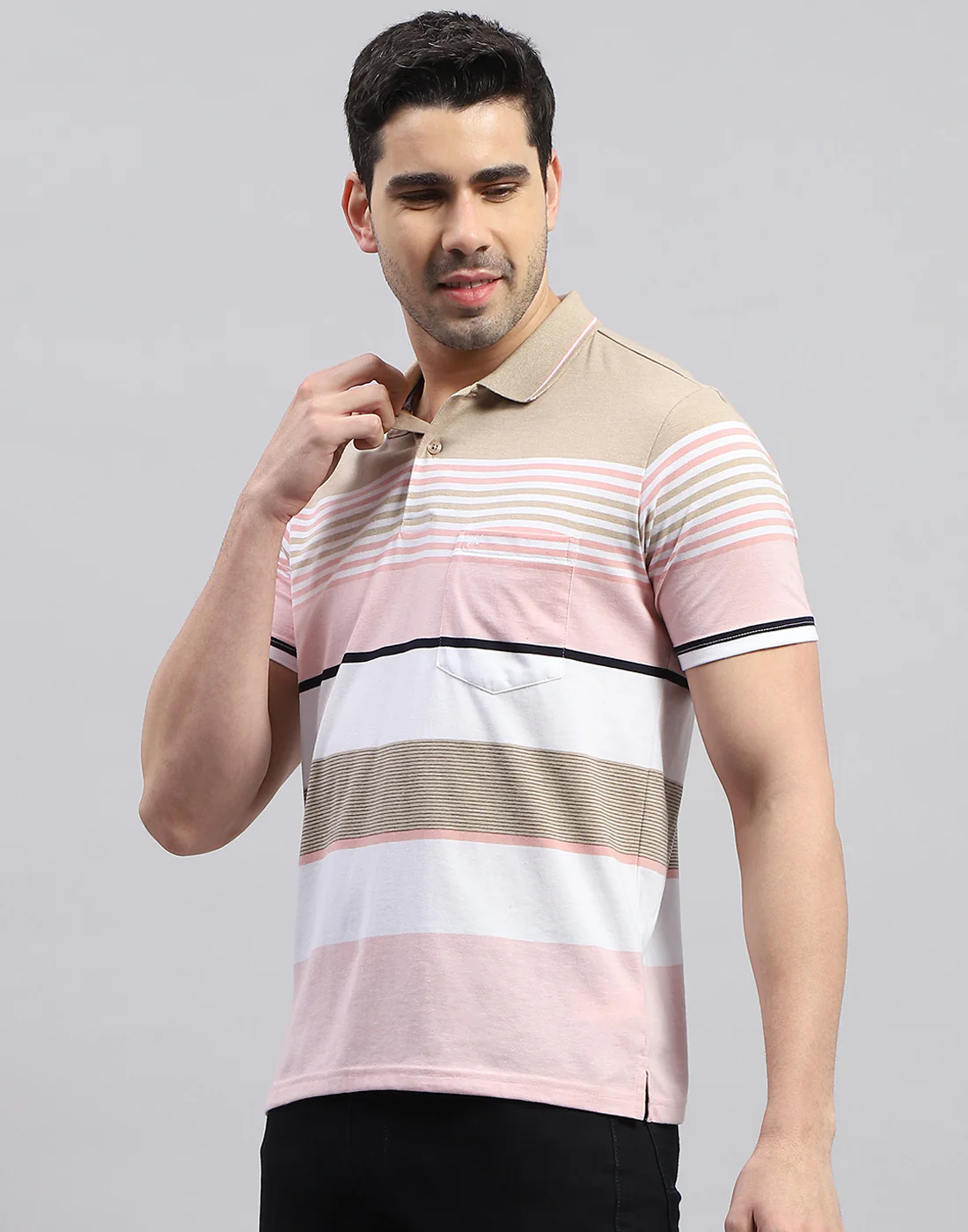 Men Pink Stripe Polo Collar Half Sleeve T-Shirt - Image 4