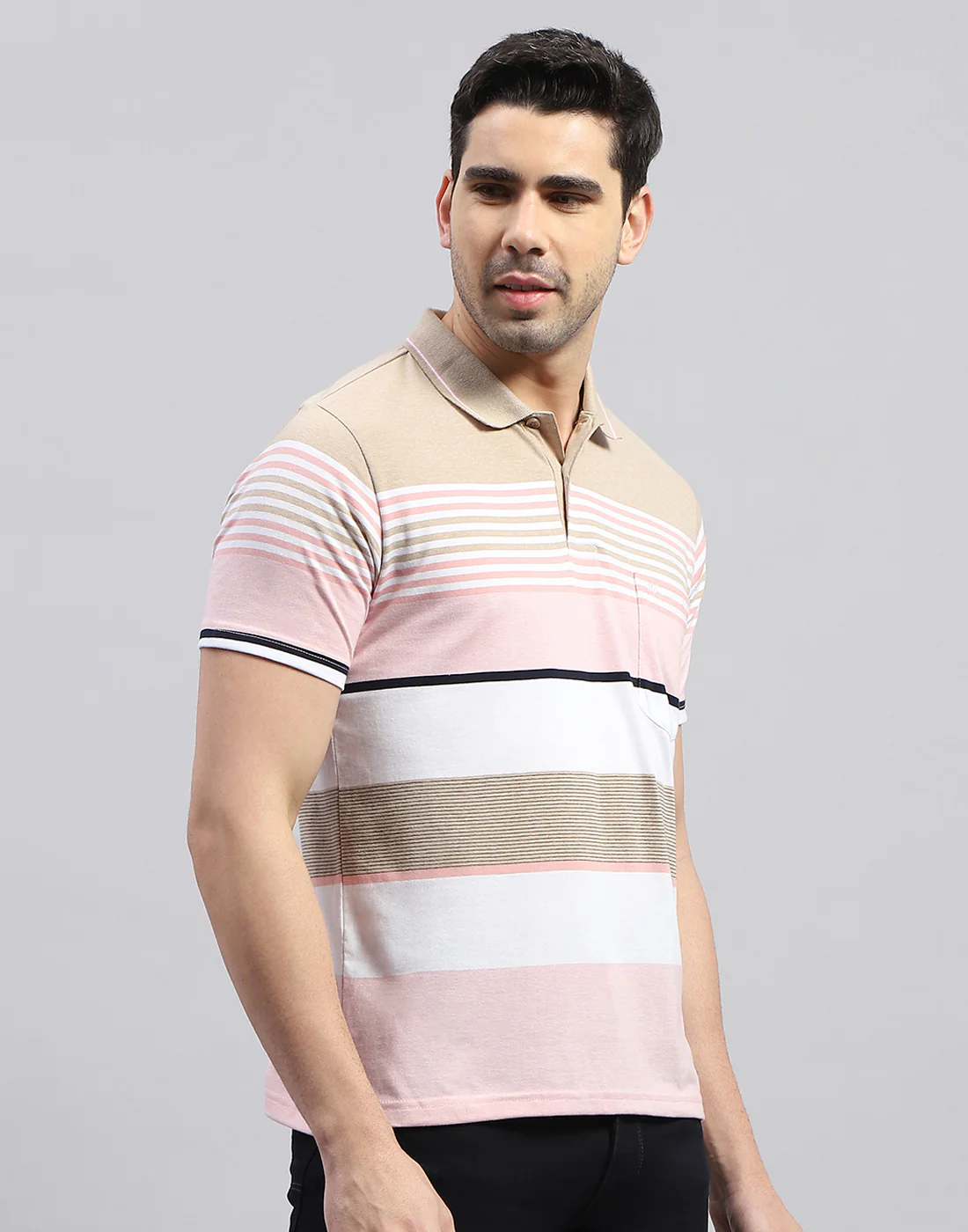 Men Pink Stripe Polo Collar Half Sleeve T-Shirt - Image 5