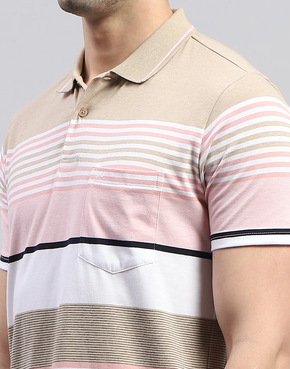 Men Pink Stripe Polo Collar Half Sleeve T-Shirt - Image 7