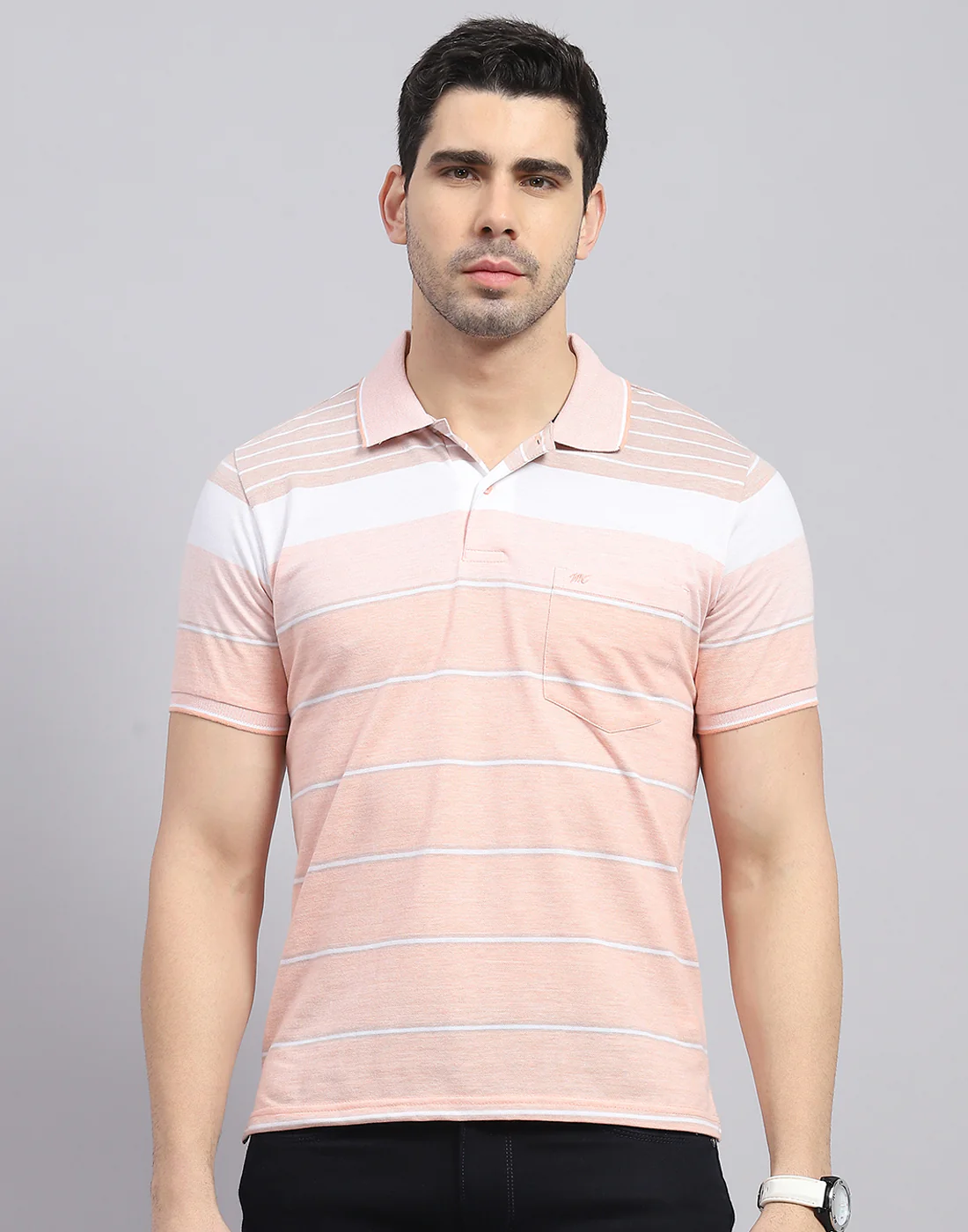 Men Pink Stripe Polo Collar Half Sleeve T-Shirt
