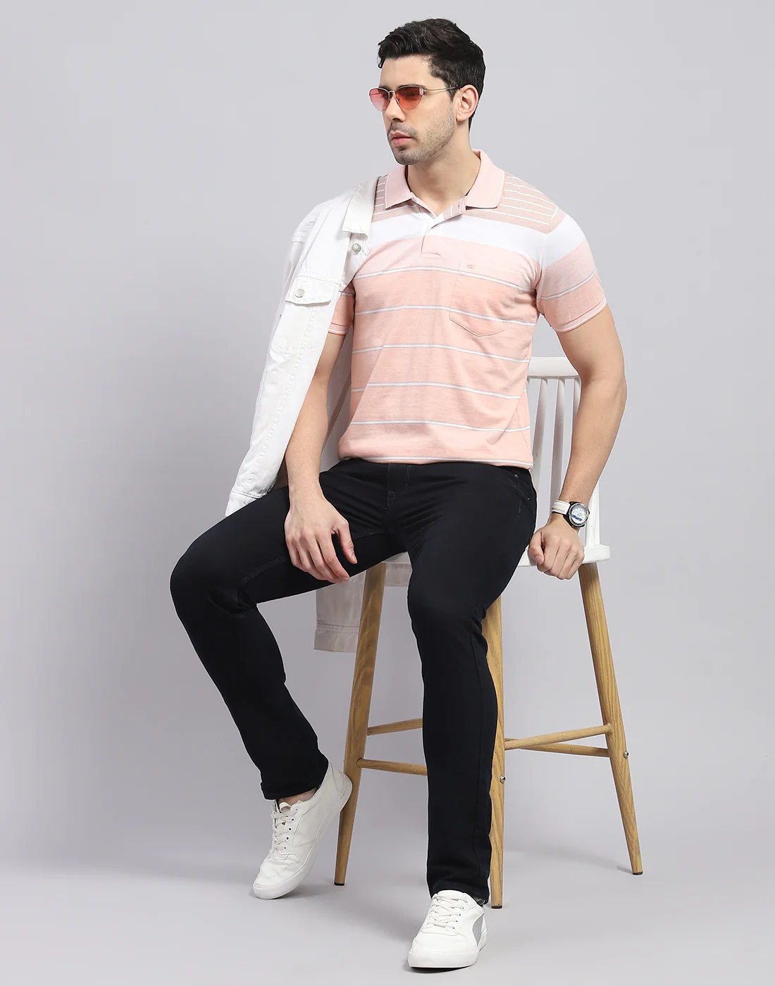 Men Pink Stripe Polo Collar Half Sleeve T-Shirt - Image 2