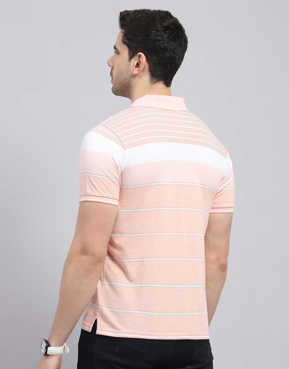 Men Pink Stripe Polo Collar Half Sleeve T-Shirt - Image 5