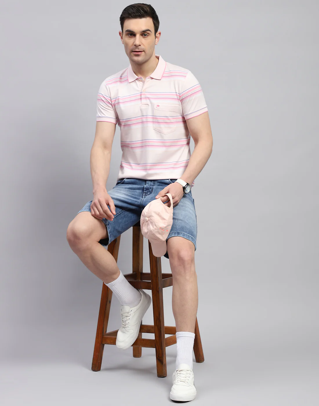 Men Pink Stripe Polo Collar Half Sleeve T-Shirt - Image 2
