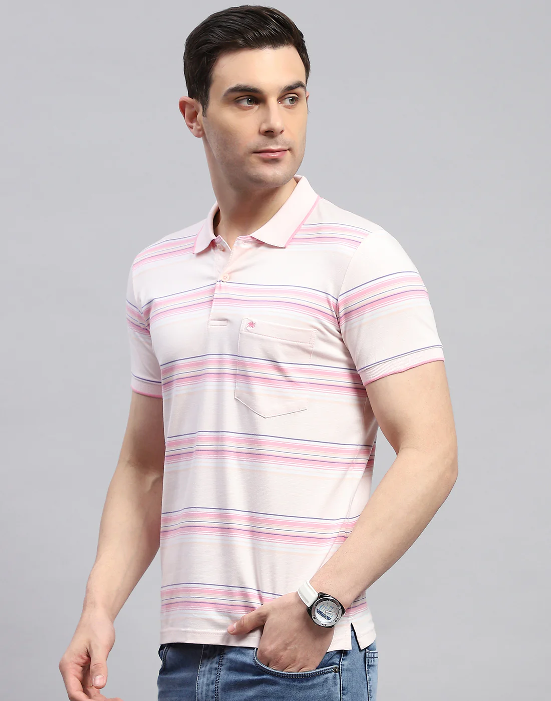 Men Pink Stripe Polo Collar Half Sleeve T-Shirt - Image 3