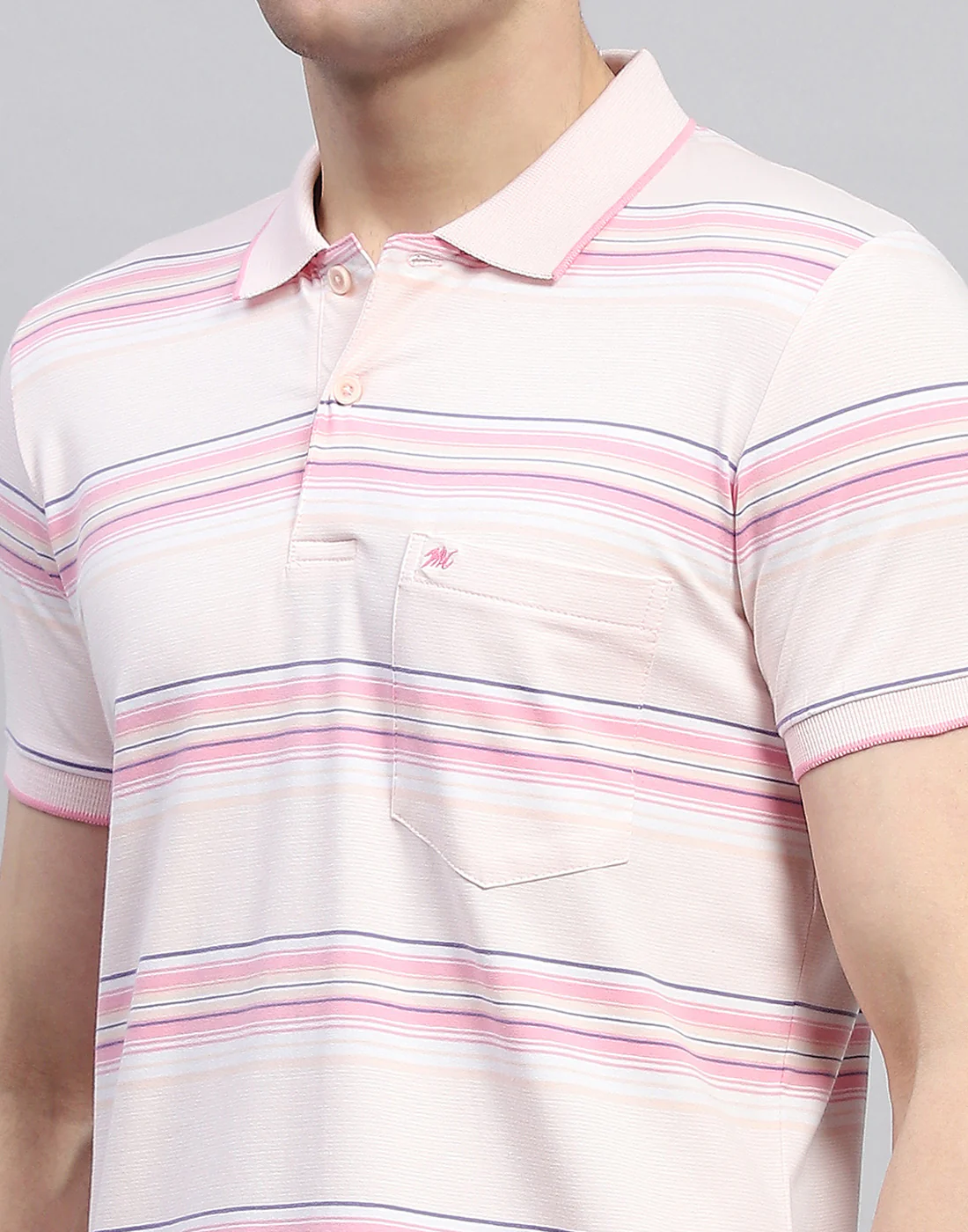 Men Pink Stripe Polo Collar Half Sleeve T-Shirt - Image 6