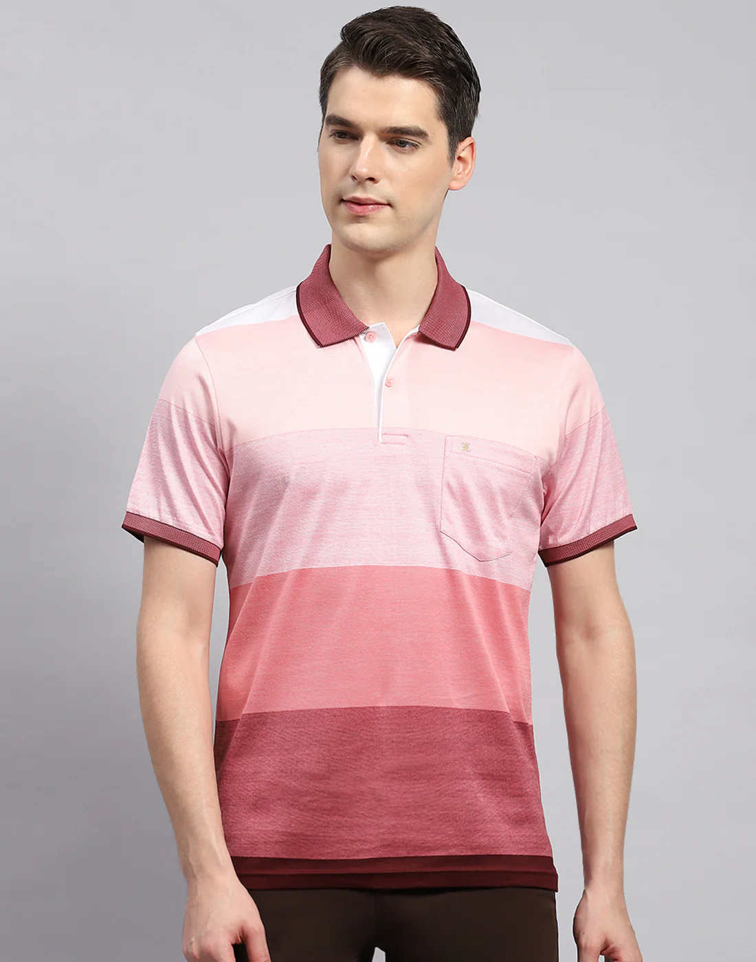 Men Pink Stripe Polo Collar Half Sleeve T-Shirt