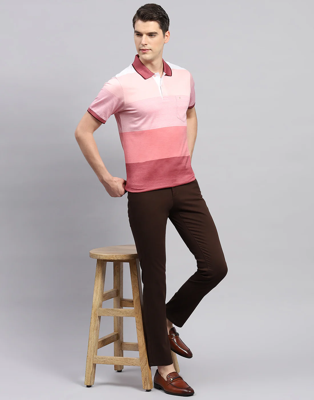 Men Pink Stripe Polo Collar Half Sleeve T-Shirt - Image 2
