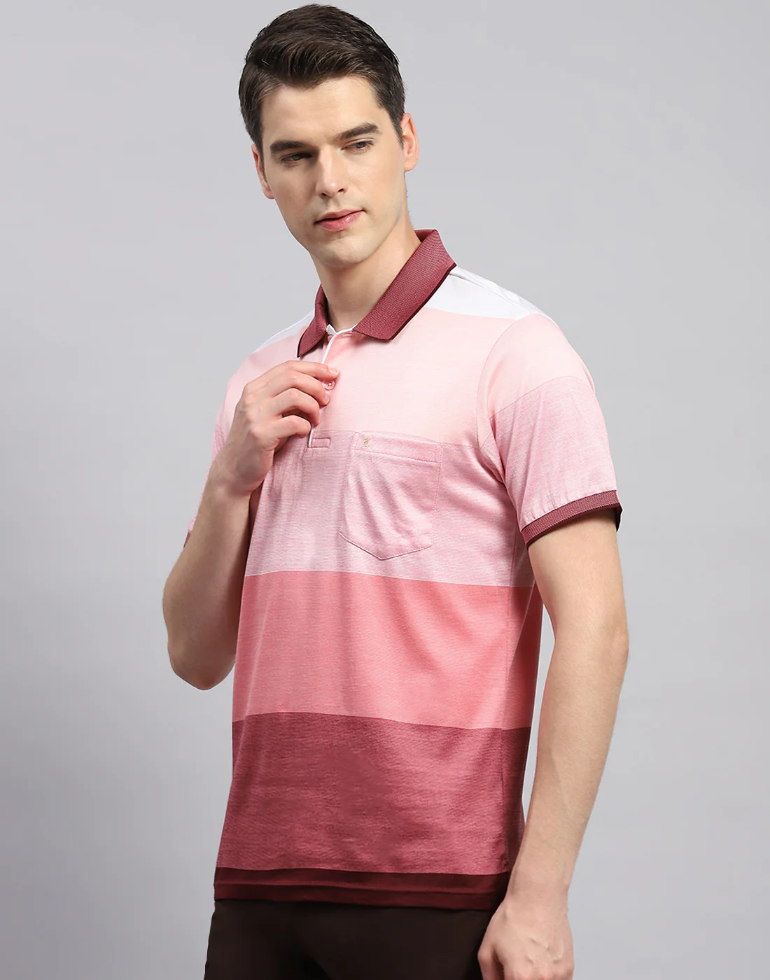 Men Pink Stripe Polo Collar Half Sleeve T-Shirt - Image 3