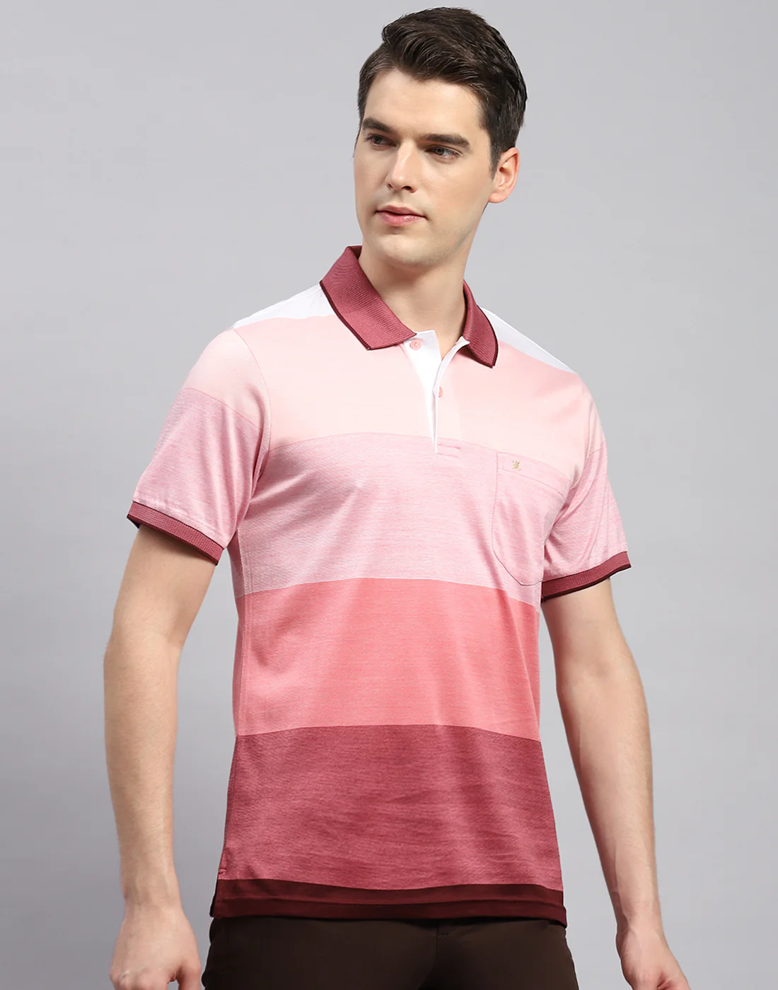 Men Pink Stripe Polo Collar Half Sleeve T-Shirt - Image 4